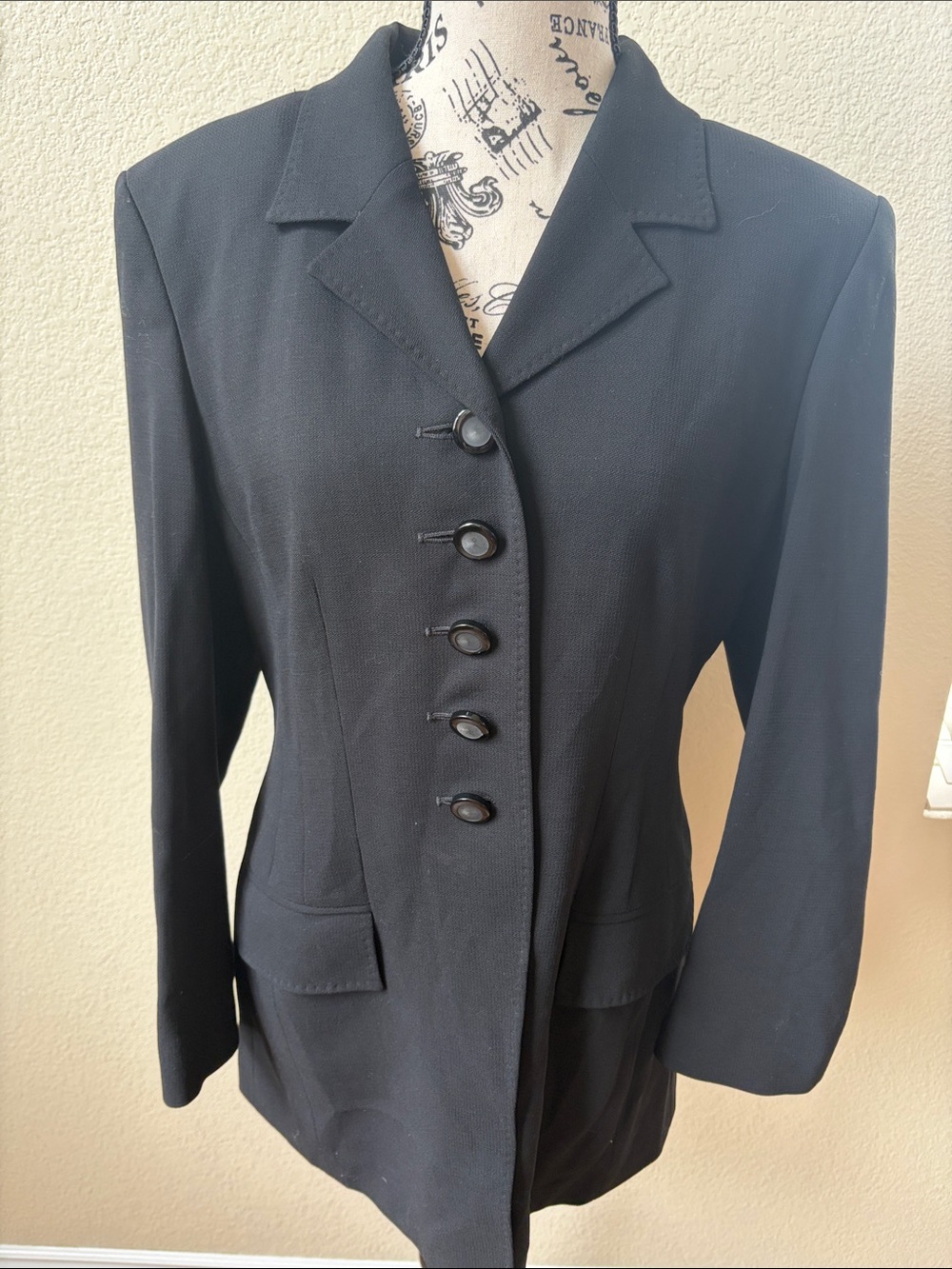 Jaeger Black 100% Wool Tailored Button Blazer UK 12 USA 10